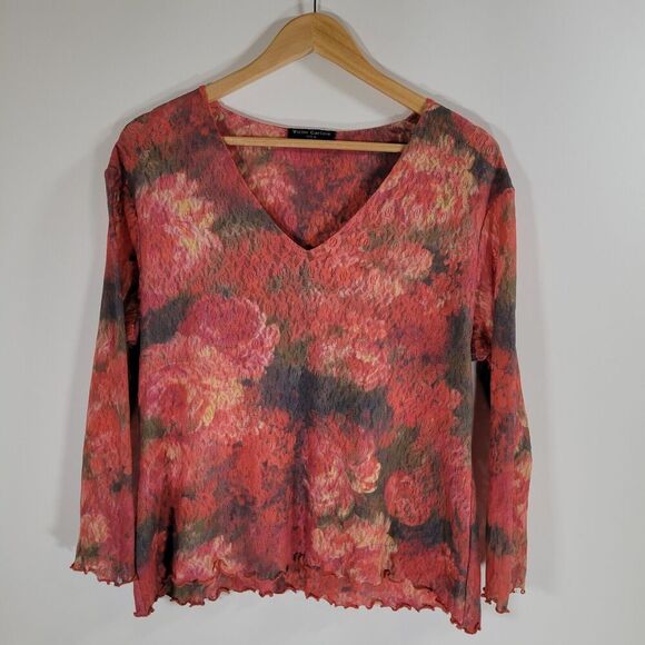 VICTOR CARLINI Floral Lace Top Sz XL Lettuce Trim 90s 2000s Watercolor Pink - Picture 1 of 8